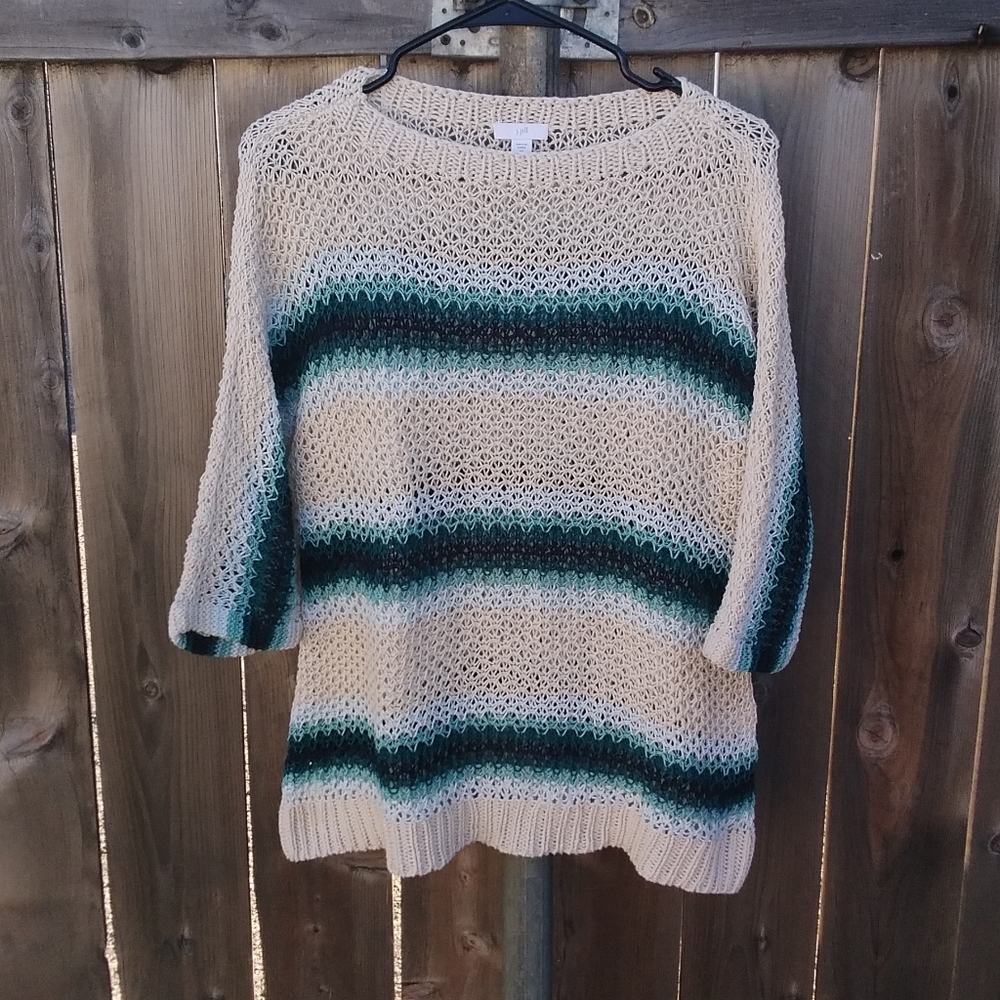 J Jill Linen Sweater Womens XS Scoop Neck Coastal Beachy Stripe Fisherman Knit 4